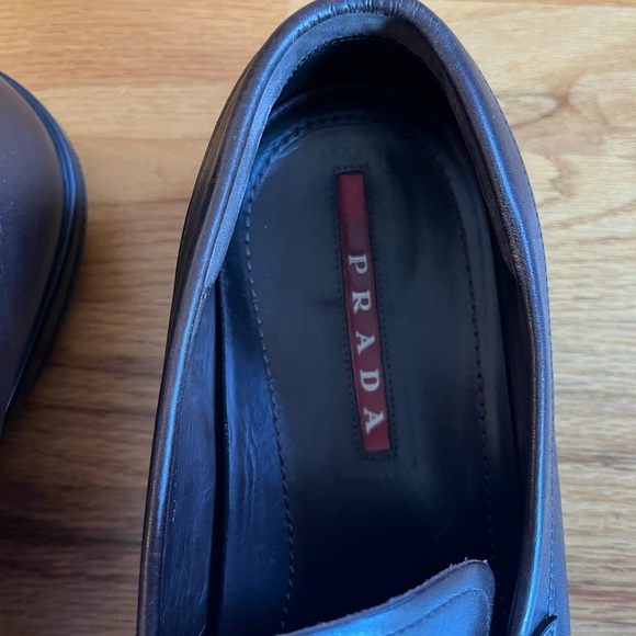 PRADA Brown Leather Driving Loafers Embossed Logo 9.5 - Picture 3 of 7